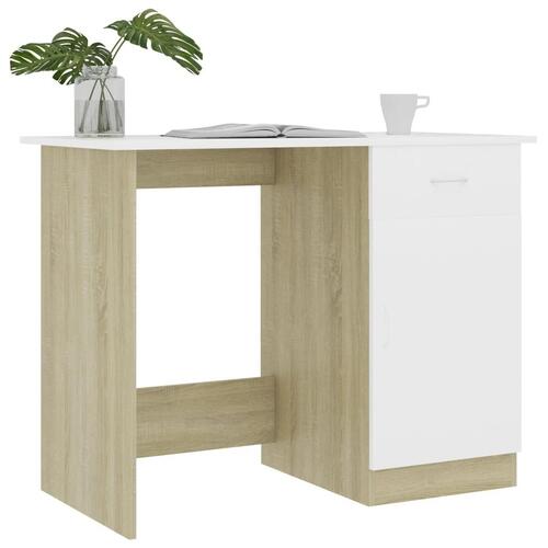 Skrivebord 100x50x76 cm konstrueret træ hvid og sonoma-eg