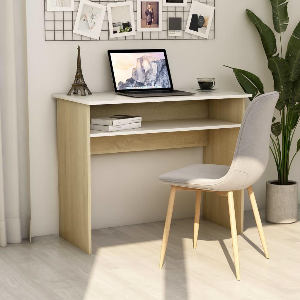 Skrivebord 90x50x74 cm konstrueret træ hvid og sonoma-eg