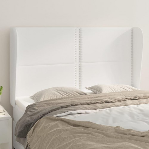 Sengegavl med kanter 147x23x118/128 cm kunstlæder hvid