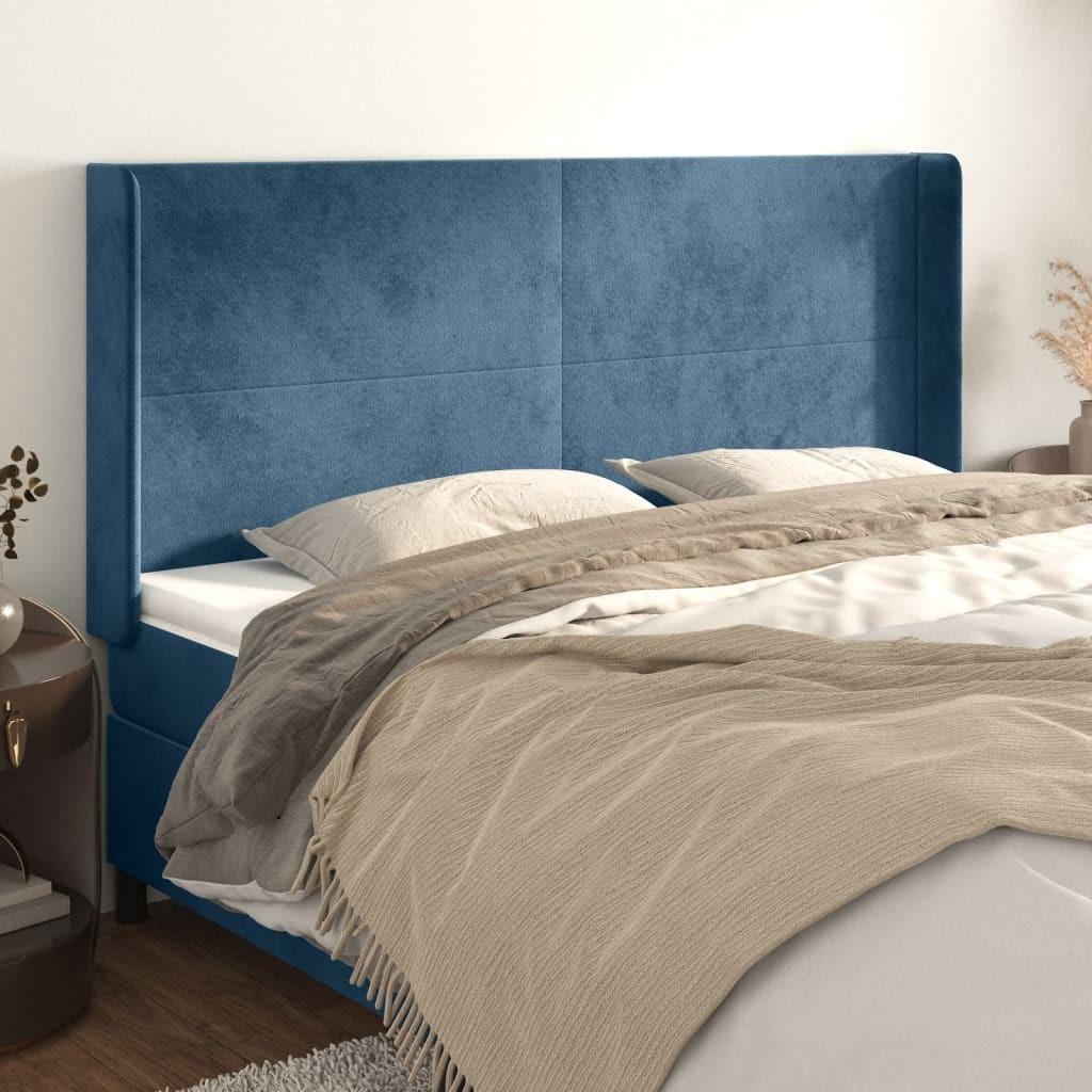 vidaXL sengegavl med kanter 183x16x118/128 cm fløjl mørkeblå