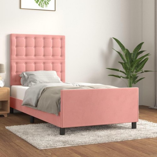 Sengeramme med sengegavl 90x190 cm - fløjl, lyserød