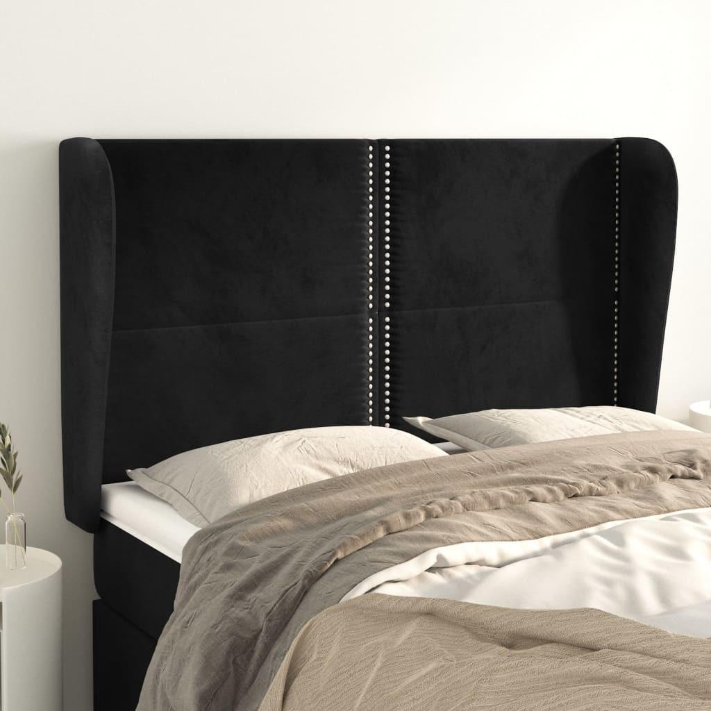 Sengegavl Med Kanter Fløjl - Sort / 147 x 23 x 118/128 cm