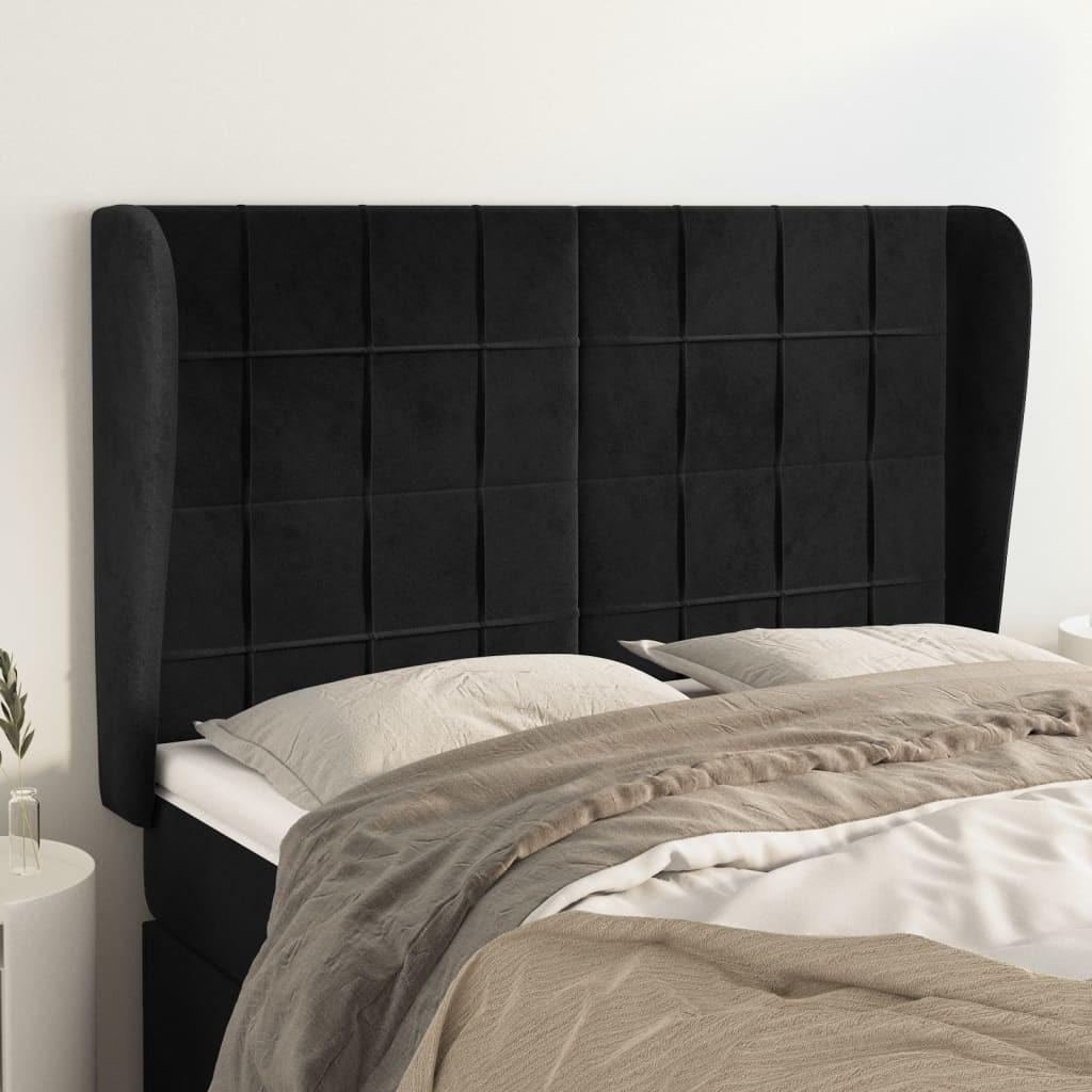 Sengegavl Med Kanter Fløjl - Sort / 147 x 23 x 118/128 cm