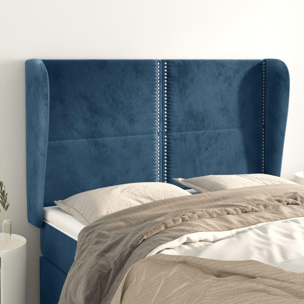 Sengegavl med kanter 147x23x118/128 cm fløjl mørkeblå