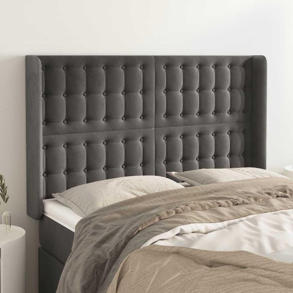 Sengegavl med kanter 147x16x118/128 cm fløjl mørkegrå