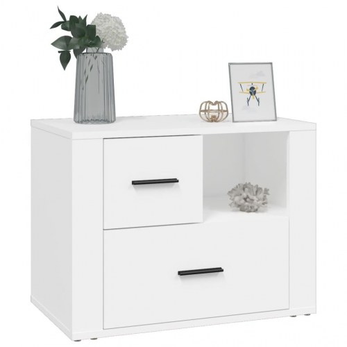 Sengebord 60×36×45 cm i hvidt konstrueret træ - 2 skuffer og åbent rum