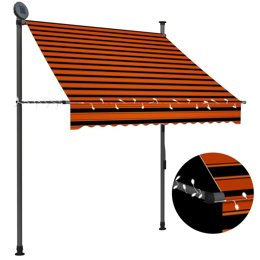 Markise m. LED-lys manuel betjening 150 cm orange og brun