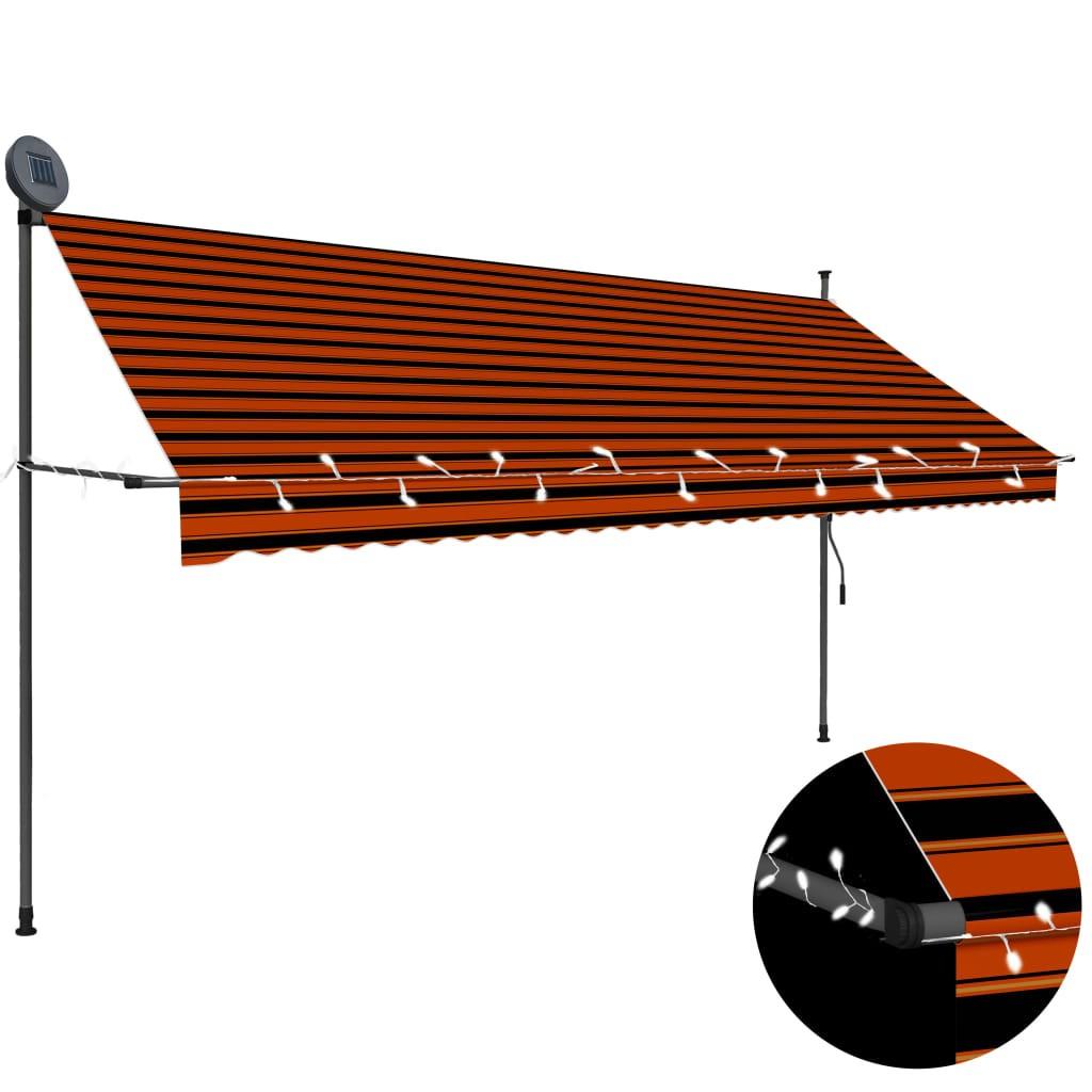 Markise m. LED-lys manuel betjening 350 cm orange og brun