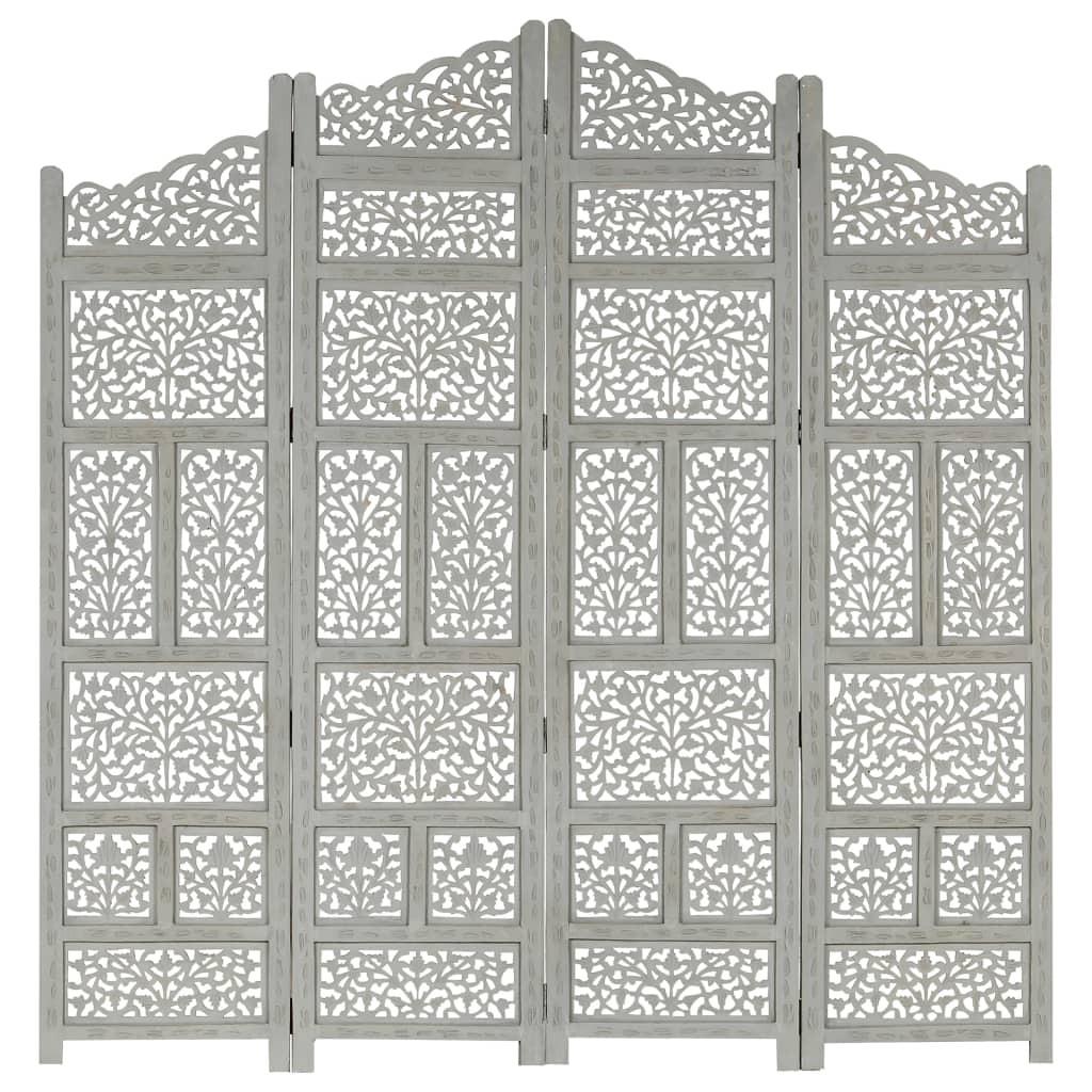 4-panels rumdeler håndskåret 160x165 cm massivt mangotræ grå