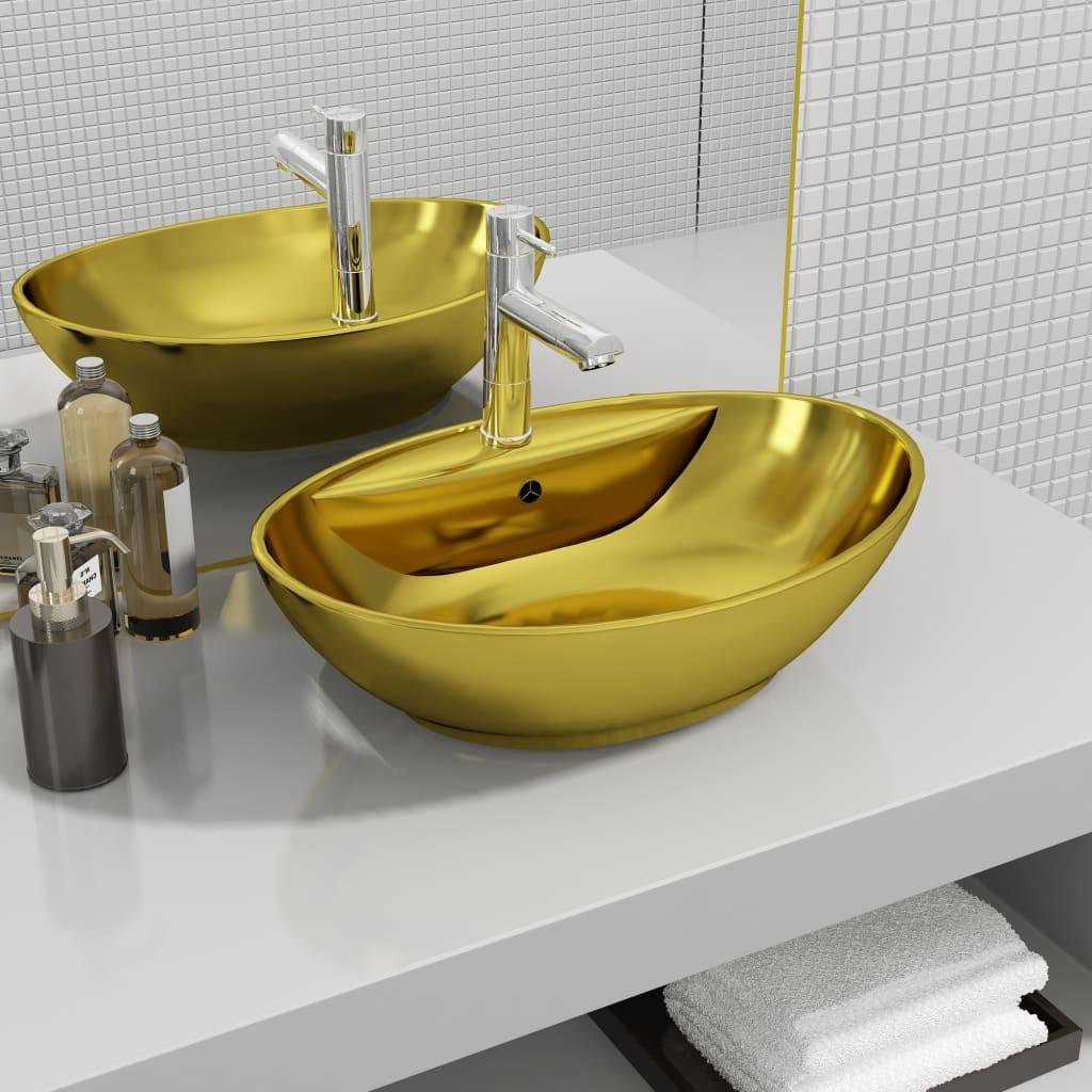 Håndvask med overløb 58,5 x 39 x 21 cm keramik guldfarvet
