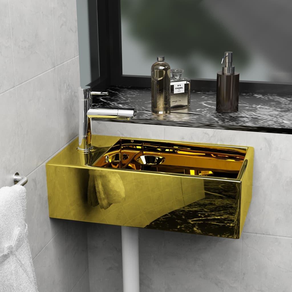 Håndvask med overløb 49 x 25 x 15 cm keramik guldfarvet