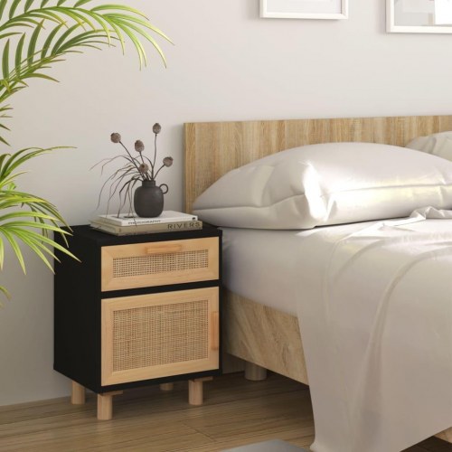 Sengebord i sort med massivt fyrretræ og naturlig rattan - 40 × 30 × 50 cm