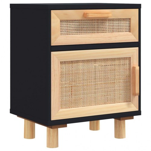 Sengebord i sort med massivt fyrretræ og naturlig rattan - 40 × 30 × 50 cm
