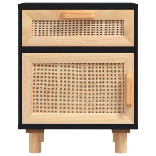 Sengebord i sort med massivt fyrretræ og naturlig rattan - 40 × 30 × 50 cm