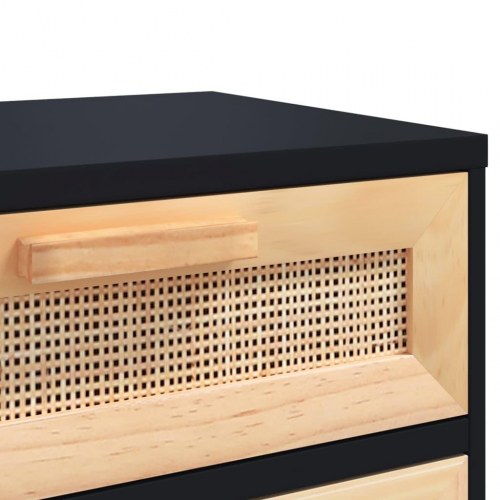 Sengebord i sort med massivt fyrretræ og naturlig rattan - 40 × 30 × 50 cm