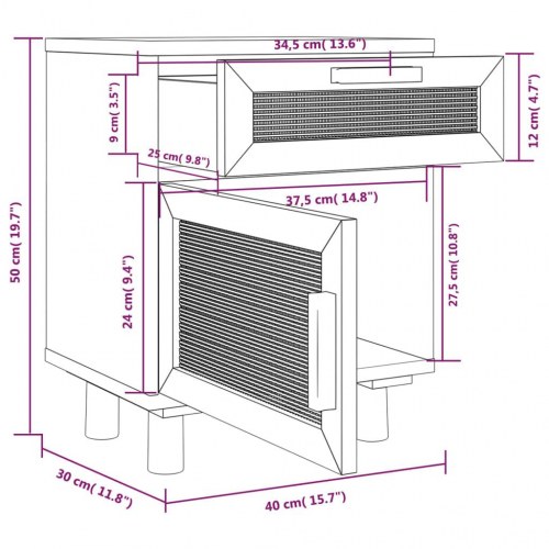 Sengebord i sort med massivt fyrretræ og naturlig rattan - 40 × 30 × 50 cm