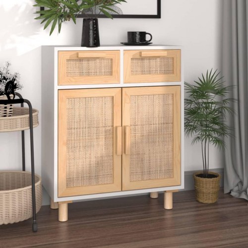 Skænk 60×30×75 cm i hvid - massivt fyrretræ og naturlig rattan