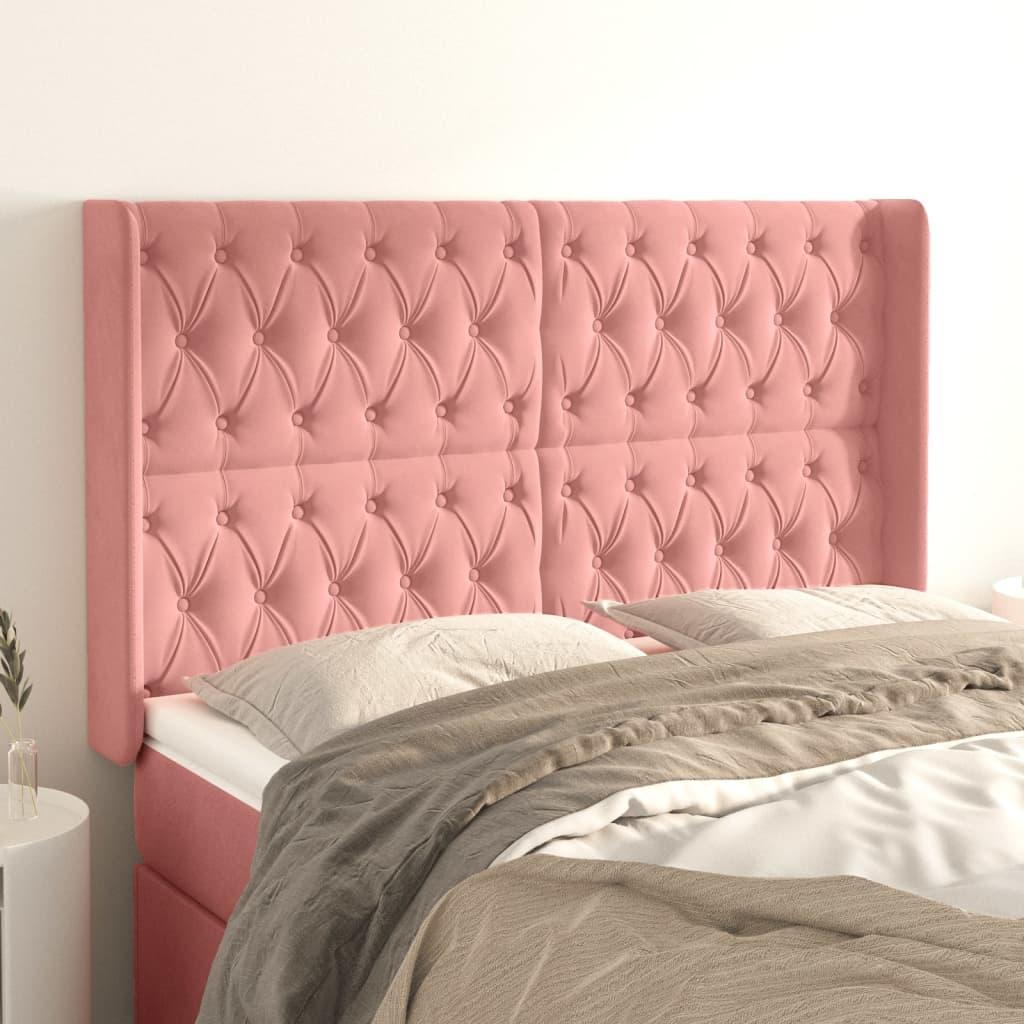 Sengegavl Med Kanter Fløjl - Lyserød / 163 x 16 x 118/128 cm