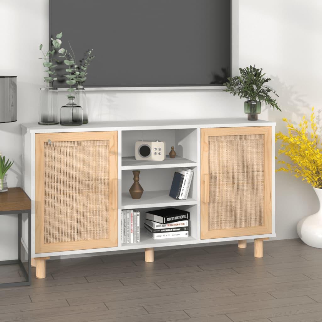 Skænk 105X30X60 Cm Massivt Fyrretræ Og Naturlig Rattan - Hvid
