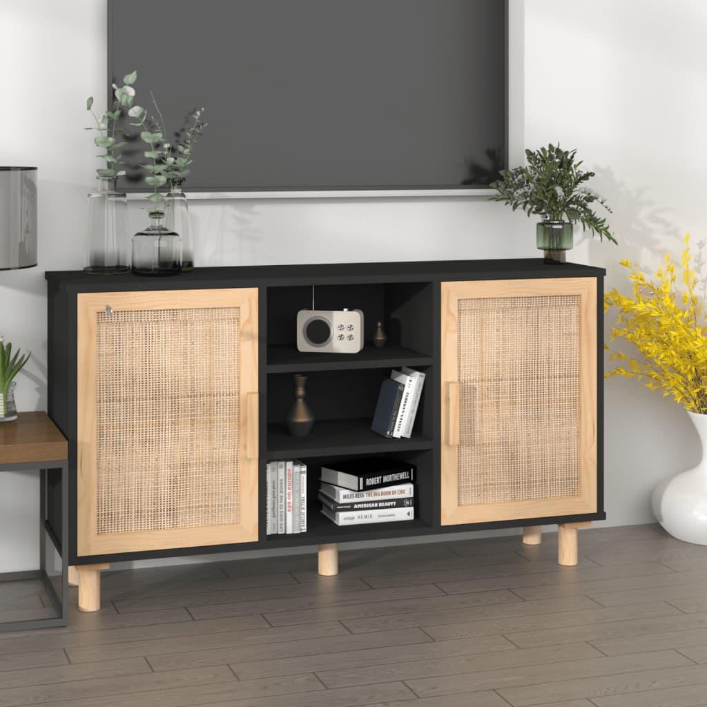 vidaXL skænk 105x30x60 cm massivt fyrretræ og naturlig rattan sort