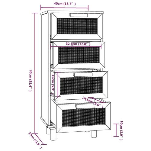 Skænk 40x30x90 cm massivt fyrretræ og naturlig rattan sort