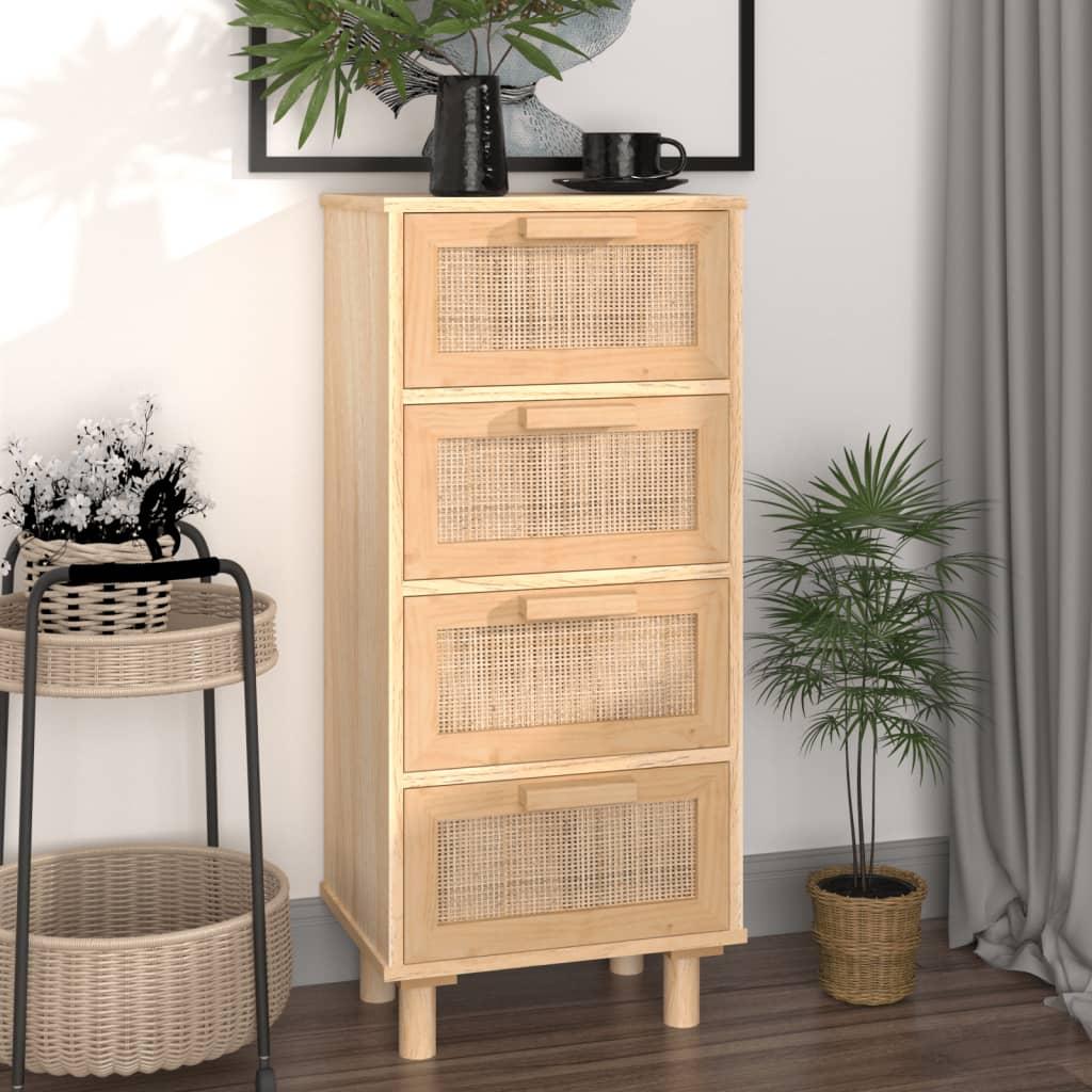 Skænk 40x30x90 cm massivt fyrretræ og naturlig rattan brun