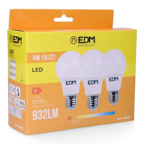 EDM Product LED-pærer E27 - 3 stk., 10 W, 3.200 K, 932 lm (Ø 6 × 10,8 cm)