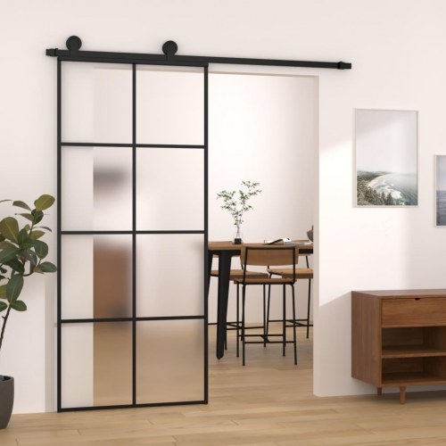 Skydedør med hardwaresæt 90 x 205 cm sikkerhedsglas aluminium - sort