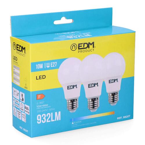 EDM Pakke med 3 LED-pærer E27 10 W, 6.400 K (F) - 932 lm