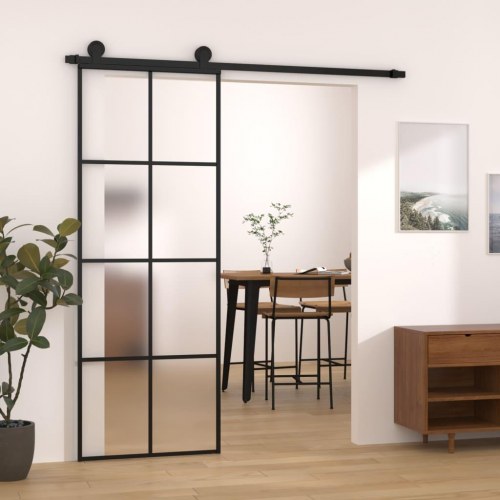 Skydedør med hardwaresæt 76 x 205 cm sikkerhedsglas aluminium - sort