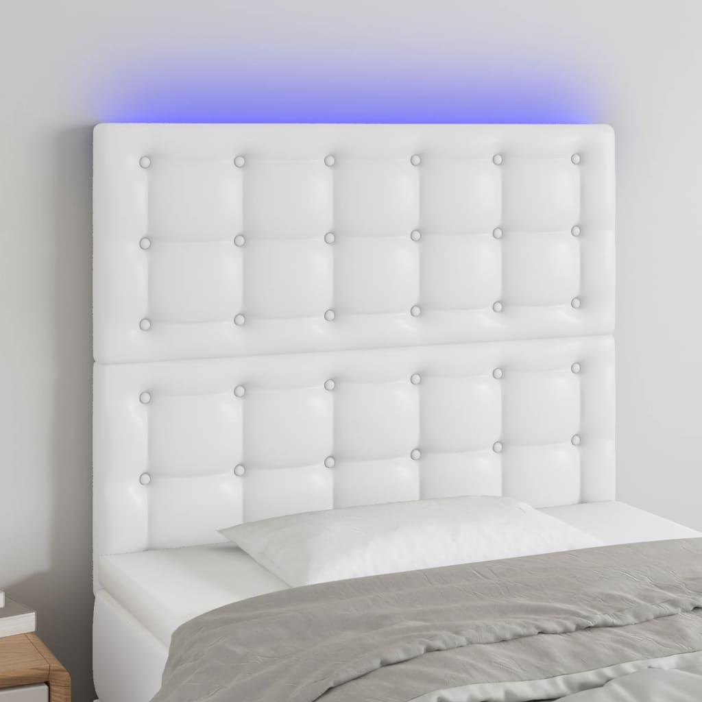 Sengegavl med LED-lys 80x5x118/128 cm kunstlæder hvid