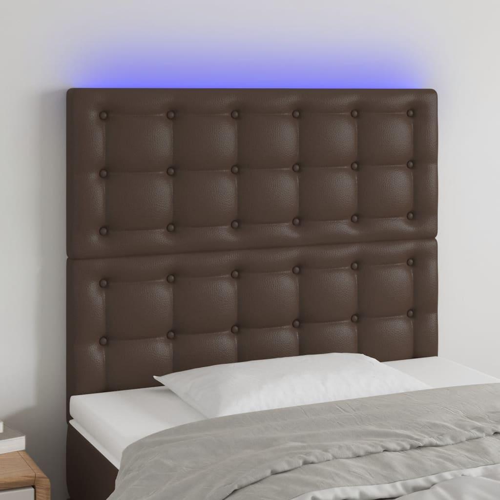 Sengegavl med LED-lys 80x5x118/128 cm kunstlæder brun