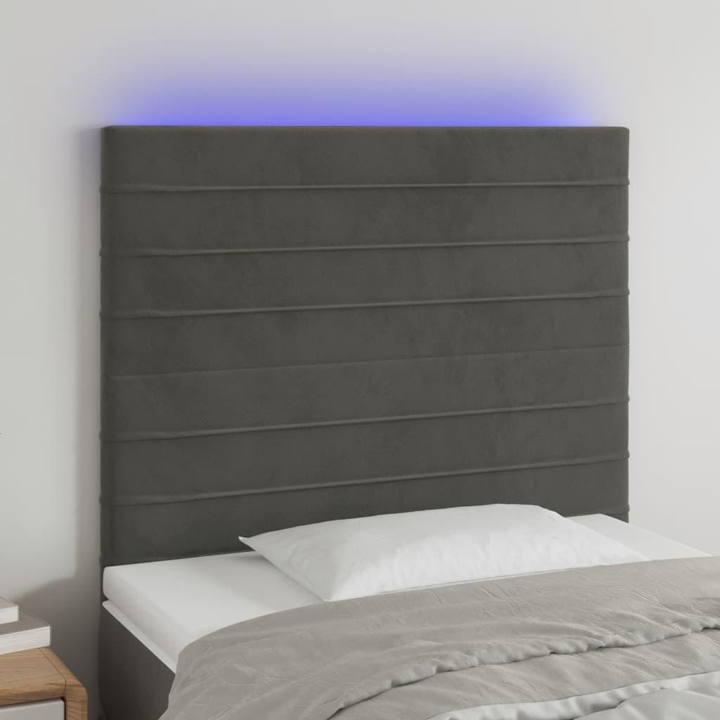Sengegavl med LED-lys 80x5x118/128 cm fløjl mørkegrå