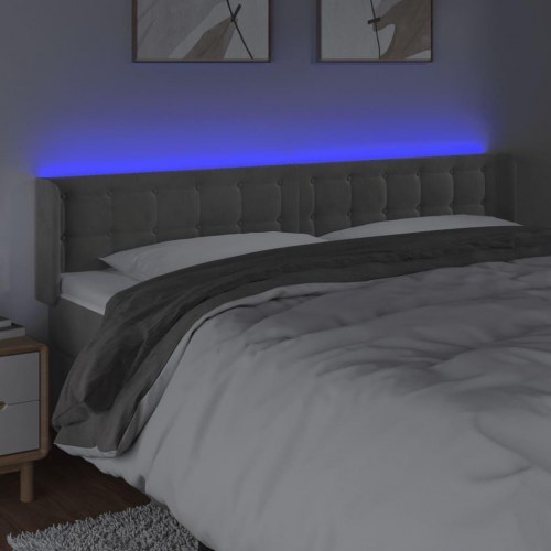 Sengegavl med LED-lys i fløjl 163 x 16 x 78/88 cm - lysegrå