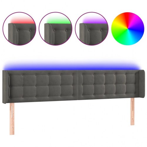 Sengegavl med LED-lys i fløjl - mørkegrå, 163 x 16 x 78/88 cm