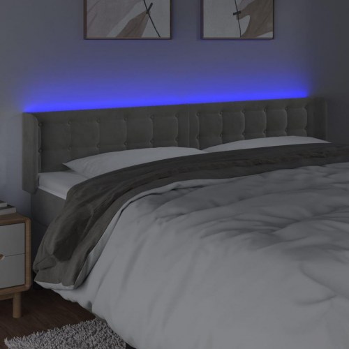 Sengegavl med LED-lys i fløjl 183 x 16 x 78/88 cm - lysegrå
