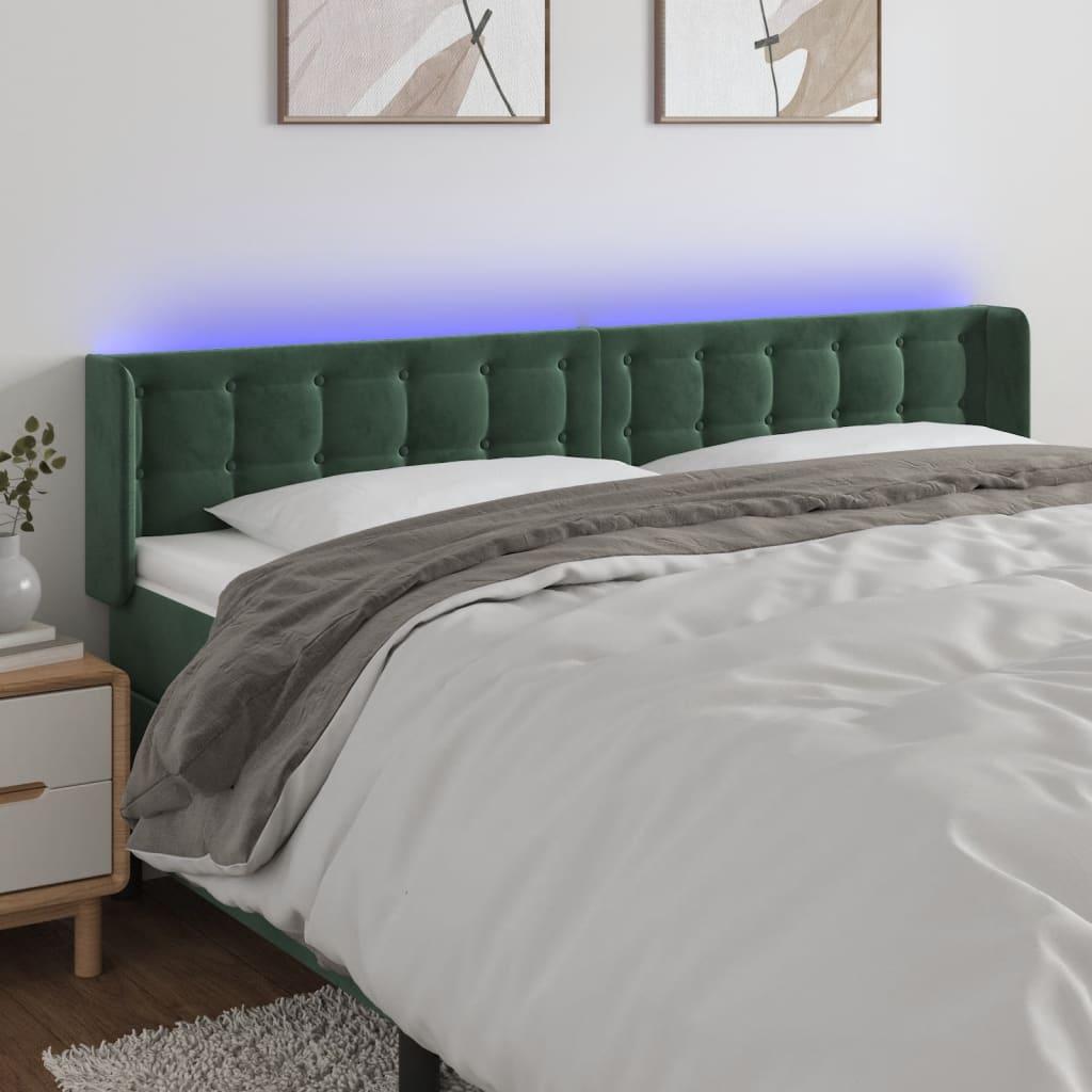 Sengegavl med LED-lys 183x16x78/88 cm - fløjl, mørkegrøn