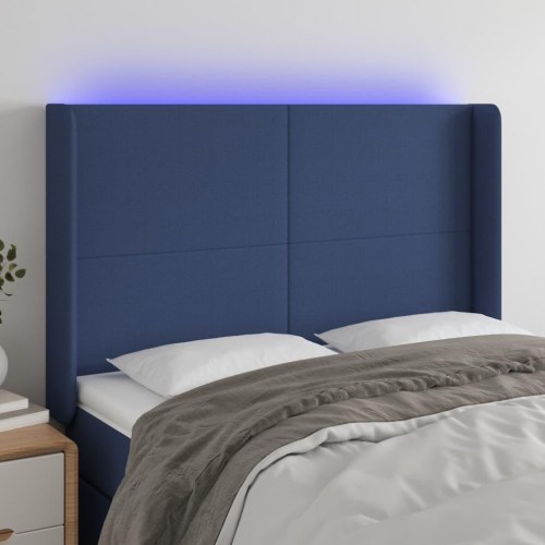 Sengegavl med LED-lys - blå, 147 x 16 x 118/128 cm