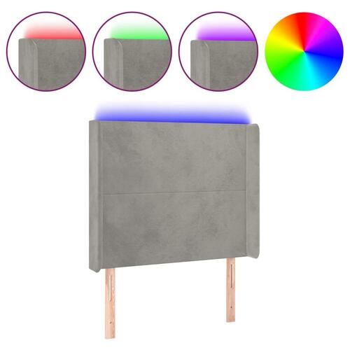 Sengegavl med LED-lys 93x16x118/128 cm fløjl lysegrå