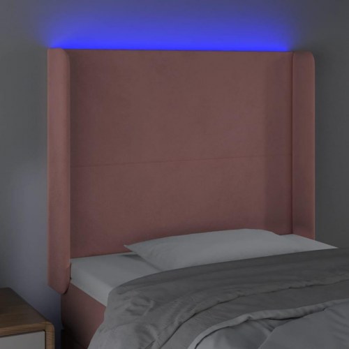 Sengegavl med LED-lys i fløjl - lyserød, 93 x 16 x 118/128 cm