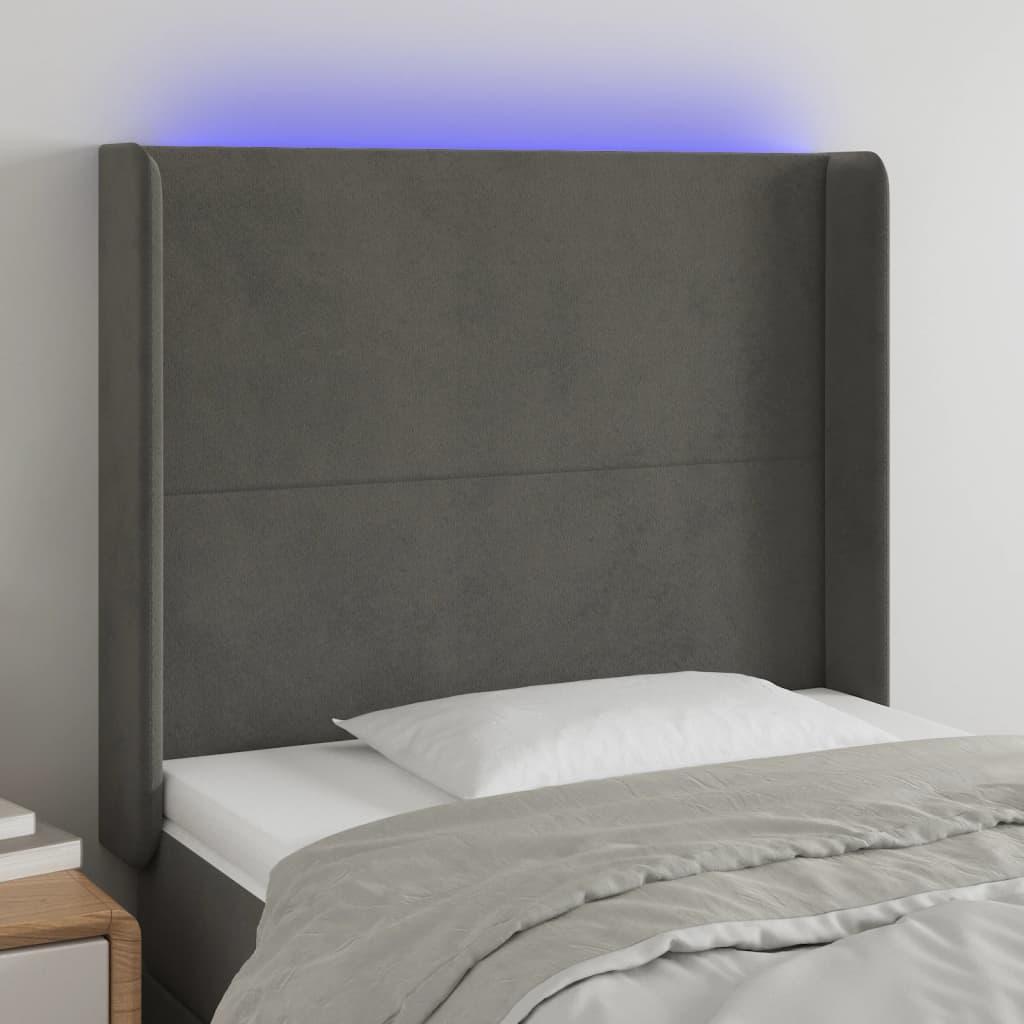 Sengegavl med LED-lys 103x16x118/128 cm fløjl mørkegrå