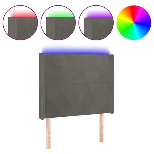 Sengegavl med LED-lys 103x16x118/128 cm fløjl mørkegrå