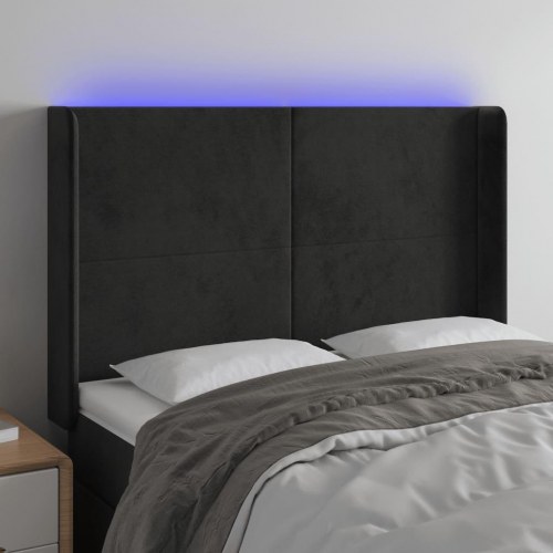 Sengegavl med LED-lys i fløjl - sort, 147 x 16 x 118/128 cm