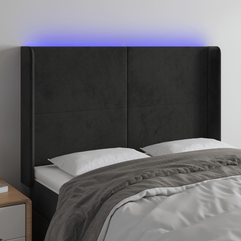 Sengegavl med LED-lys 147×16×118/128 cm - fløjl, sort
