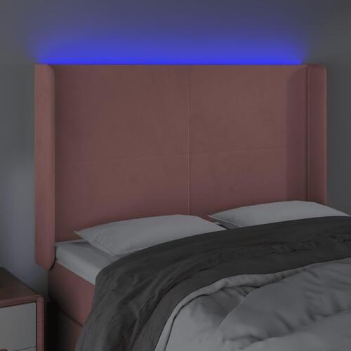 Sengegavl med LED-lys 147x16x118/128 cm fløjl lyserød