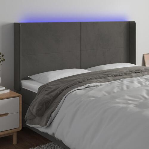 Sengegavl med LED-lys 163x16x118/128 cm fløjl mørkegrå