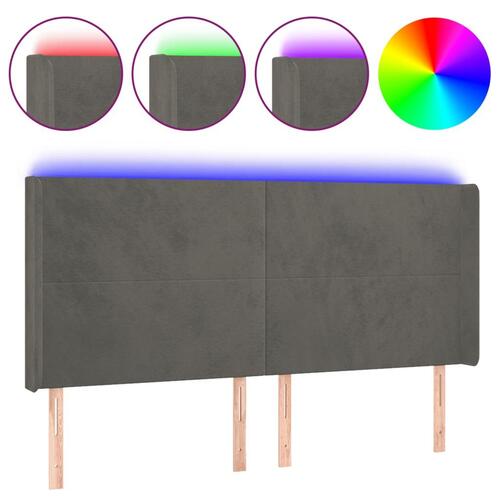 Sengegavl med LED-lys 163x16x118/128 cm fløjl mørkegrå