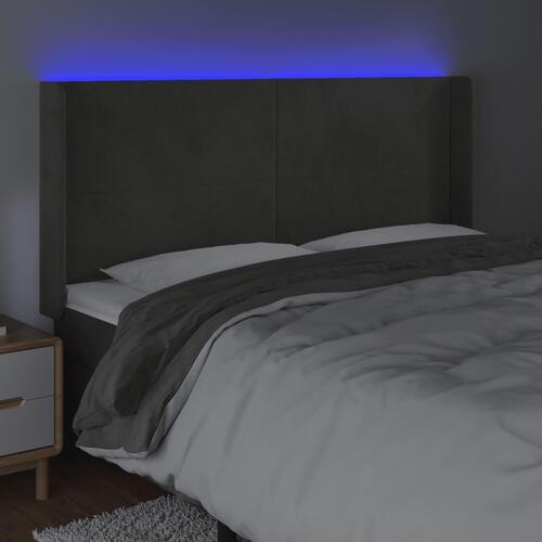 Sengegavl med LED-lys 163x16x118/128 cm fløjl mørkegrå