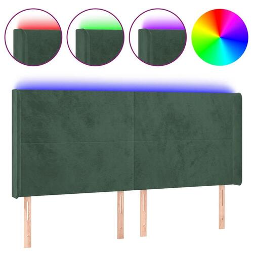 Sengegavl med LED-lys 163x16x118/128 cm fløjl mørkegrøn