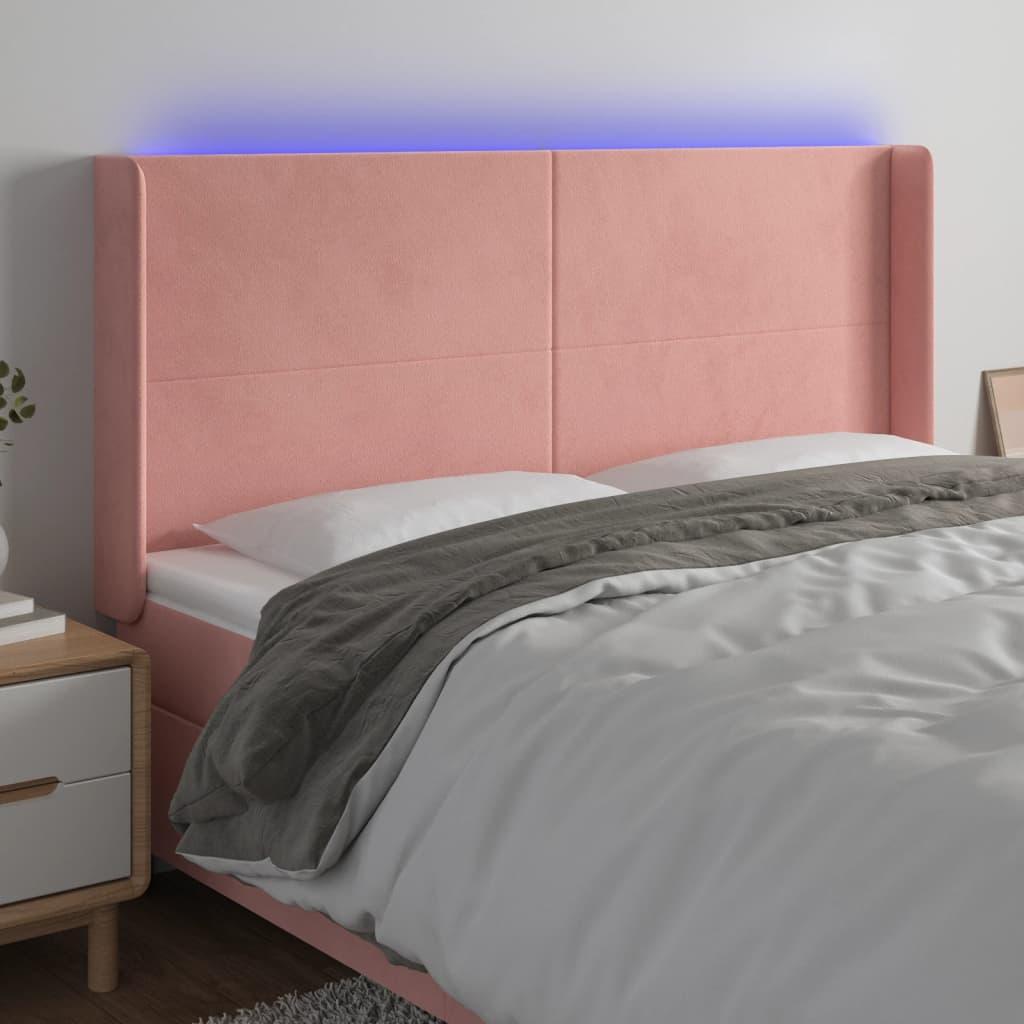 Sengegavl med LED-lys 163x16x118/128 cm fløjl lyserød
